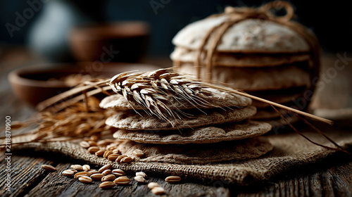 Rustic bread unleavened bread flatbread wheat grain agriculture stack rope wooden table still life Warm rustic unleavened bread stack tied with rope wooden table, flatbread and wheat grain