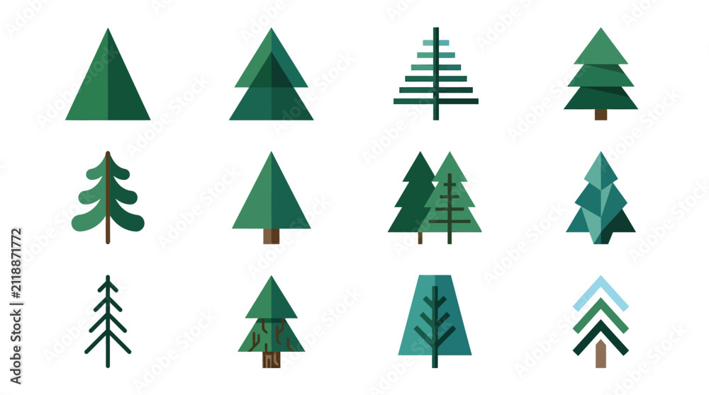 Obraz premium Minimalist Pine Tree Icon Set Featuring Modern Geometric Evergreen Silhouettes