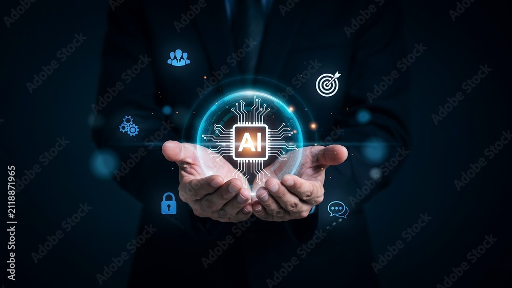 Fototapeta premium Businessman holding virtual AI and digital technology interface