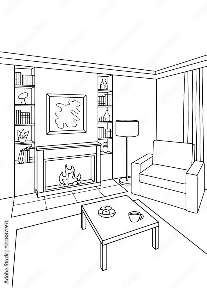 Obraz premium Living room graphic black white interior sketch vertical illustration vector