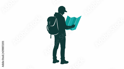 Hiker standing outdoors with backpack and folded map in hand examining terrain for direction