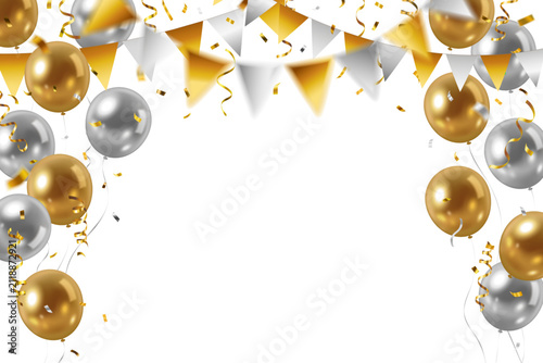 Vector decorative frame or border with metallic gold, white and black party balloons, decorative garland, falling confetti and streamers with space in the middle