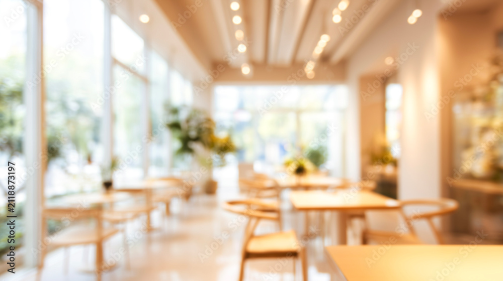 Obraz premium カフェとテーブルが美しくぼやけたナチュラルな明るい店内