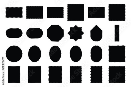 Black silhouette postage stamp border frames geometric shapes isolated on transparent background