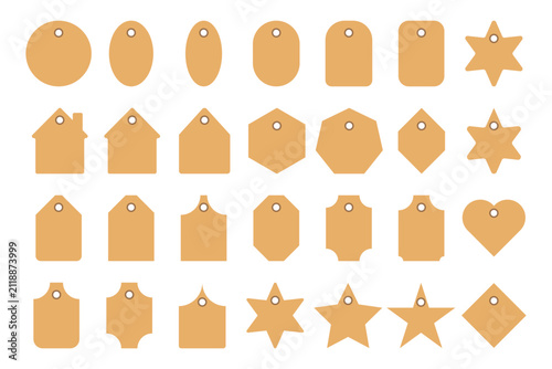 Versatile assortment of blank paper gift tags  and price tags with diverse geometric shapes