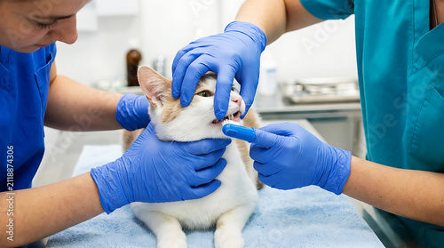 Veterinarians performing dental cleaning on a sedated cat sedation