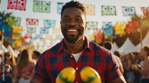 Man happily plays maracas at outdoor festival with colorful flags