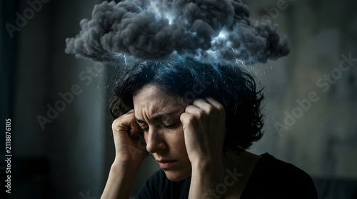 dark storm forming directly above a human head representing emotional anxiety and stress dramatic contrast lighting