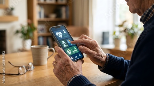 Digital health innovation featuring senior hands holding smartphone with medical app interface.