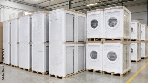 Laundry machines stored in a warehouse with pallets in a commercial space