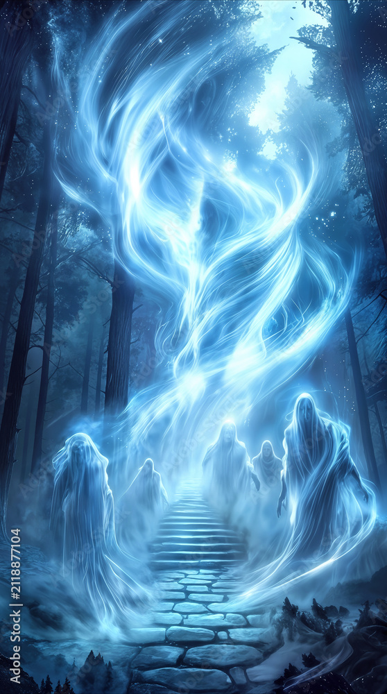 Fototapeta premium Spectral figures ascending stone staircase in mystical forest. Ethereal blue light and swirling energy spirits in dark woodland setting.