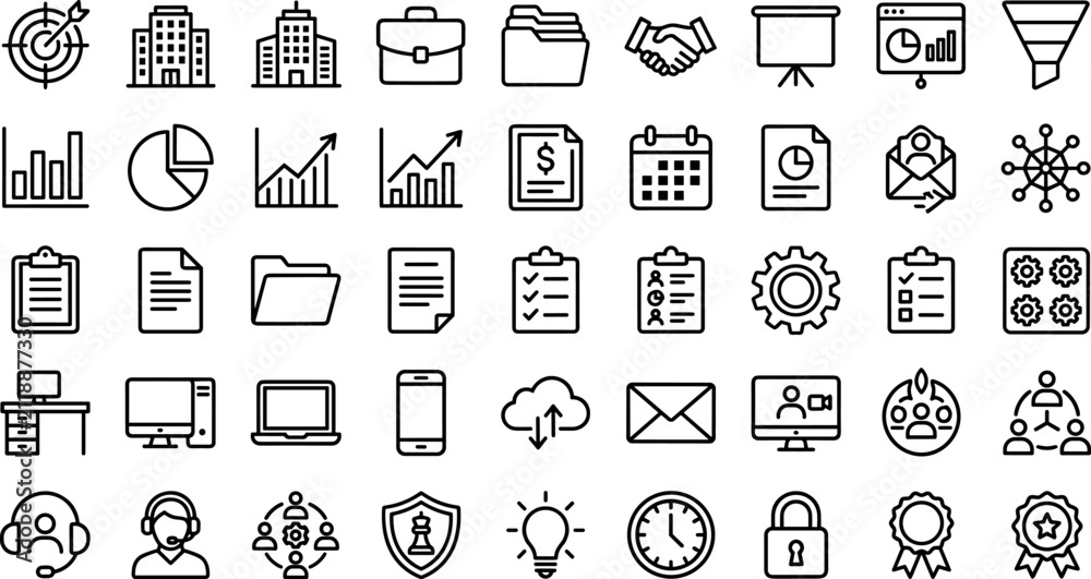 Fototapeta premium Business management corporate office workflow and financial analytics icons setBusiness management corporate office workflow and financial analytics icons set