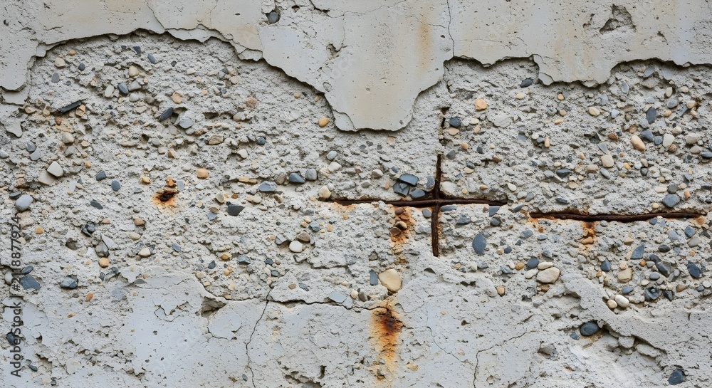 Fototapeta premium Grunge Damaged Concrete Wall Texture Background with Exposed Rusty Rebar
