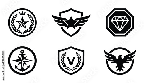 Vector Emblem Icons Set: Shields, Stars, Anchors, Eagles, Diamonds, and Laurels for Security, Achievement, and Luxury Brands