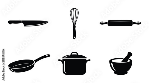 Black Kitchen Utensil Icons: Chef Knife, Whisk, Rolling Pin, Frying Pan, Pot, Mortar Pestle Set for Cooking and Baking