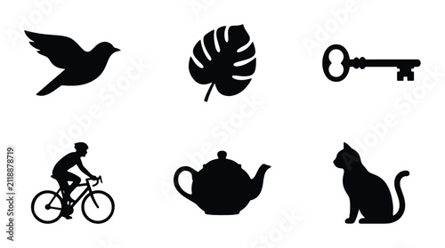 Vector Silhouette Icons: Bird, Leaf, Key, Cyclist, Teapot, Cat Collection