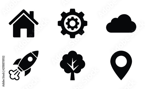 Simple Black Icons: House, Gear, Cloud, Rocket, Tree, Location Pin. Versatile Vector Set for Web and App Design.