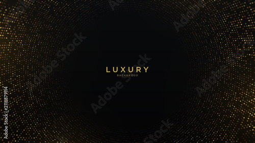 Luxury Black Gold Particle Background With Circular Glitter Pattern Design. Abstract luxury black background featuring a radial arrangement of shimmering gold particles surrounding a dark central 