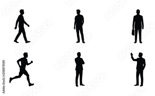 Diverse Male Silhouettes, 6 Vector Figures: Walking, Standing, Running, Waving, Business, Casual Poses
