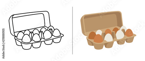 Illustration of egg carton with white and brown eggs