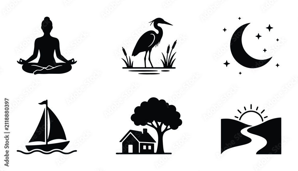 Fototapeta premium Zen Meditation Silhouette, Heron Bird Icon, Crescent Moon Stars, Sailboat Vector, House Tree Scene, Sunrise Landscape Icons