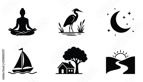 Zen Meditation Silhouette, Heron Bird Icon, Crescent Moon Stars, Sailboat Vector, House Tree Scene, Sunrise Landscape Icons