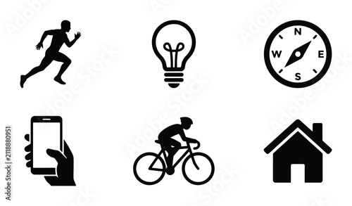 Diverse Lifestyle Icons Set: Running, Lightbulb, Compass, Smartphone, Cycling, House - Vector Graphics