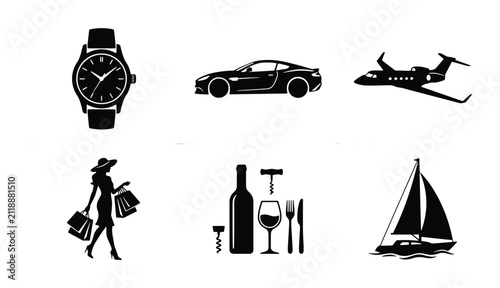 Luxury Lifestyle Icons: Watch, Sports Car, Jet, Woman Shopping, Wine Set, Sailboat, Vector Graphics