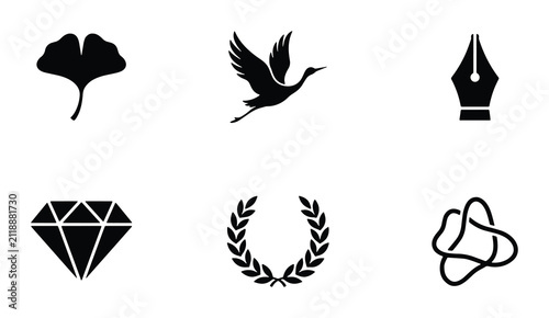Elegant Black Vector Icons: Ginkgo Leaf, Crane, Pen Nib, Diamond, Laurel Wreath, Abstract Shape