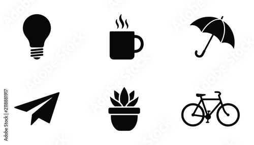 Minimalist Black Icons Set: Lightbulb, Coffee Cup, Umbrella, Paper Plane, Potted Plant, Bicycle | Vector Graphics