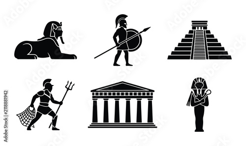 Ancient Civilizations Icons Set: Egyptian Sphinx, Greek Warrior, Mayan Pyramid, Poseidon, Temple, Pharaoh Silhouette Vector Collection