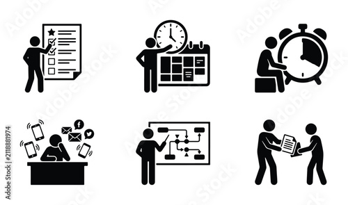 Time Management Icons, Productivity Workflow Symbols, Business Planning Pictograms, Task Completion Graphics