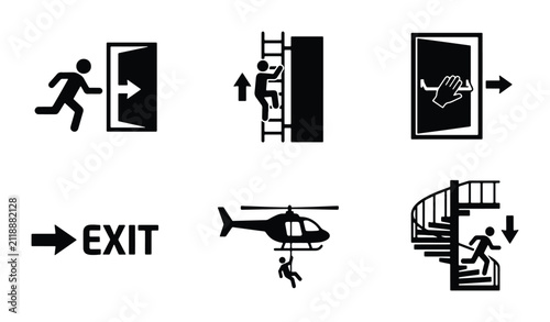 Fotografie Emergency Exit Signs, Safety Icons, Evacuation Routes, Rescue Methods, Vector Gr