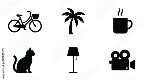 Black Silhouette Icons: Bicycle, Palm Tree, Coffee Cup, Cat, Lamp, Camera - Vector Set for Lifestyle and Leisure