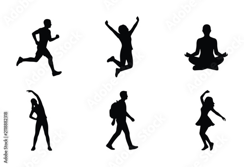 Active Lifestyle Silhouettes: Running, Jumping, Yoga, Stretching, Walking, Dancing Vector Icons for Health and Fitness