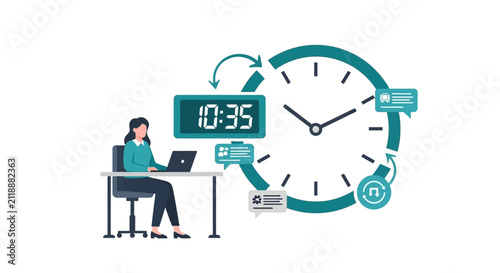 Efficient Time Management Concept Illustration with Businesswoman Working on Laptop, Analog Clock, and Digital Timer