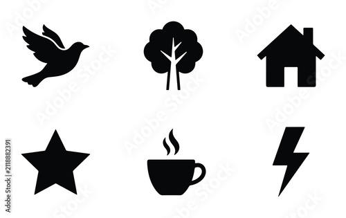 Minimalist Black Icons: Bird, Tree, House, Star, Coffee Cup, Lightning Bolt, Vector Graphics for Design