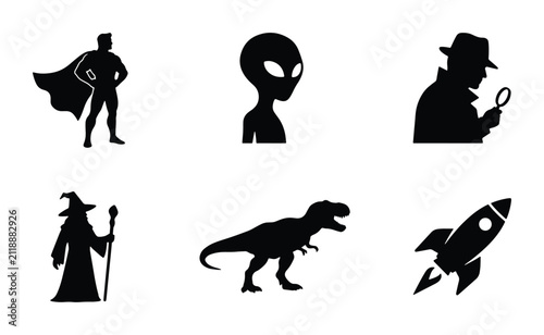 Fantasy and Sci-Fi Character Icons: Superhero, Alien, Detective, Wizard, Dinosaur, Rocket Ship Silhouettes