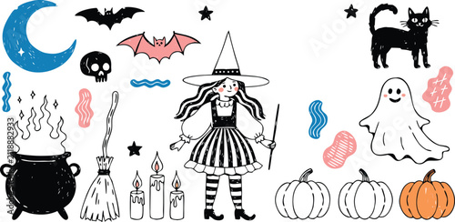 Cute Halloween Doodle Set with Witch Ghost Pumpkin Bat and Spooky Elements