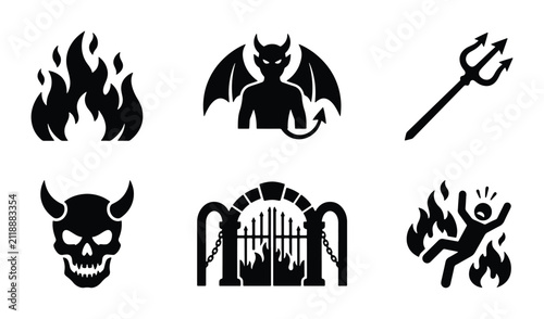 Foto Hell Icons Set: Devil, Skull, Fire, Trident, Gate, Tormented Soul, Dark Fantasy