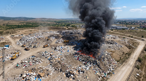 Landfill Fire with Smoke Plume: An aerial view captures a raging fire at a sprawling landfill, sending a massive plume of black smoke into the clear blue sky.