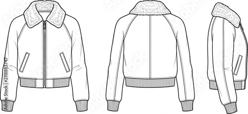 Blank aviator bomber jacket with fur collar vector mockup template front back side view flat sketch
