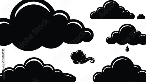 Canvastavla Conjunto de siluetas negras de nubes y elementos meteorológicos sobre fondo blan