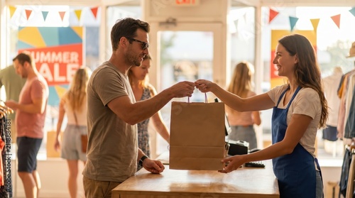 Customer Receives Shopping Bag at Store for Summer Bank Holiday