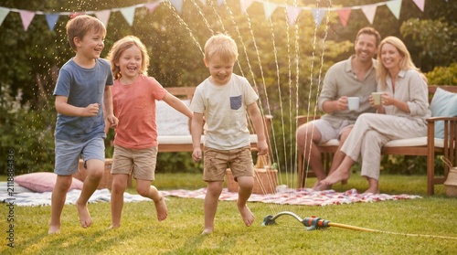 Children Joyfully Play in Garden Sprinkler on Summer Bank Holiday