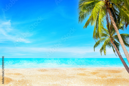 Sea beach landscape, paradise tropical island, green coconut palm tree leaves, turquoise ocean water wave, golden sand, exotic nature, sun blue sky white cloud, hot day, summer holiday vacation travel