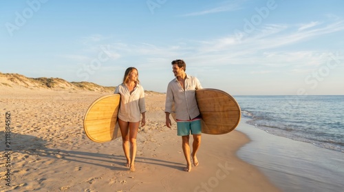 Couple Carrying Paddleboards on Beach During Summer Bank Holiday