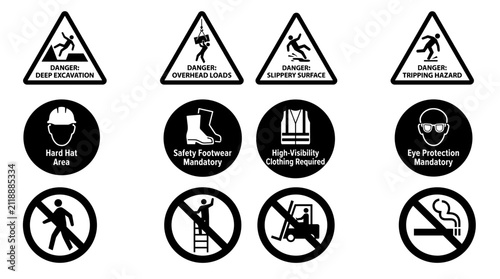 Collection of Industrial Safety Warning Signs and Symbols.