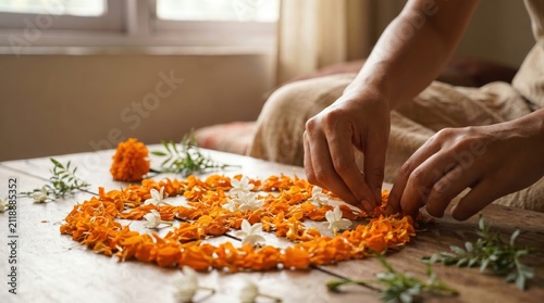 Hands crafting vibrant marigold flower garlands for India's Independence Day celebration