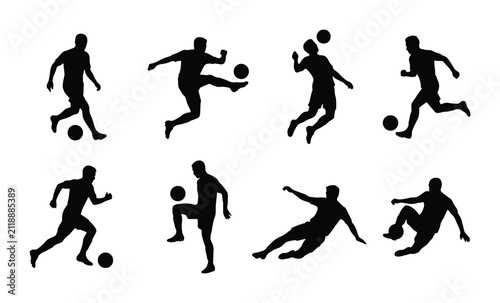 Soccer Player Silhouettes, Dynamic Action Poses, Football Athlete Figures, Set of 8 Vector Graphics for Sports Design